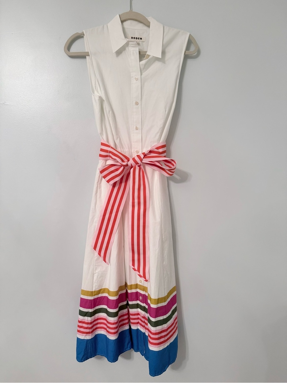 Boden White Shirt Dress with Pink-Red Striped Bow and Multicolor Hem